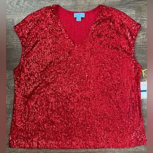 CeCe Sequined V-Neck Cap-Sleeve Red Blouse-Size XL